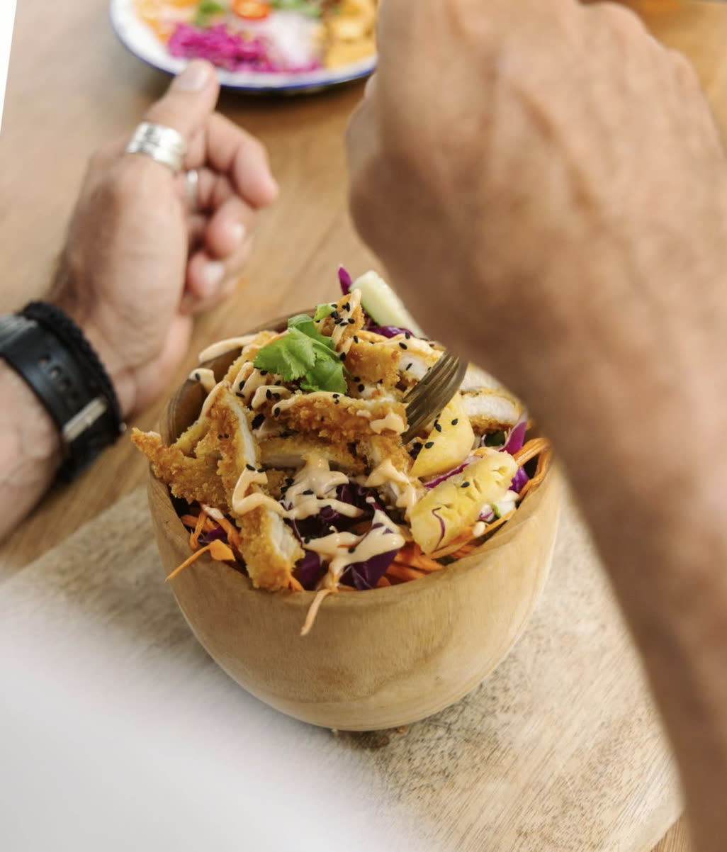 Crispy katsu bowl with slaw and pineapple